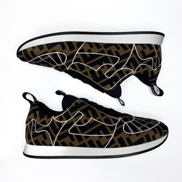 Fendi Brown/Black Zucca Logo Lycra FFreedom Lace Up Low Top Sneakers EU 38 US 8 - Picture 4 of 9